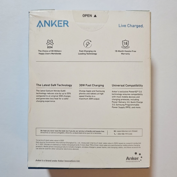 ANKER 313 Folding Fast-Charging Charger: USB-C 30W, GaN, PowerIQ 3.0 - WHITE - Picture 6 of 7